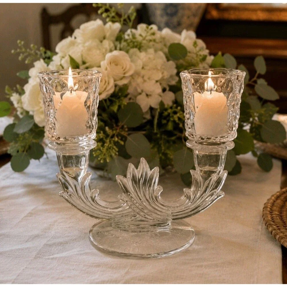 Vintage Clear Glass Double Votive Candle Holder Floral Etched Base Candelabra